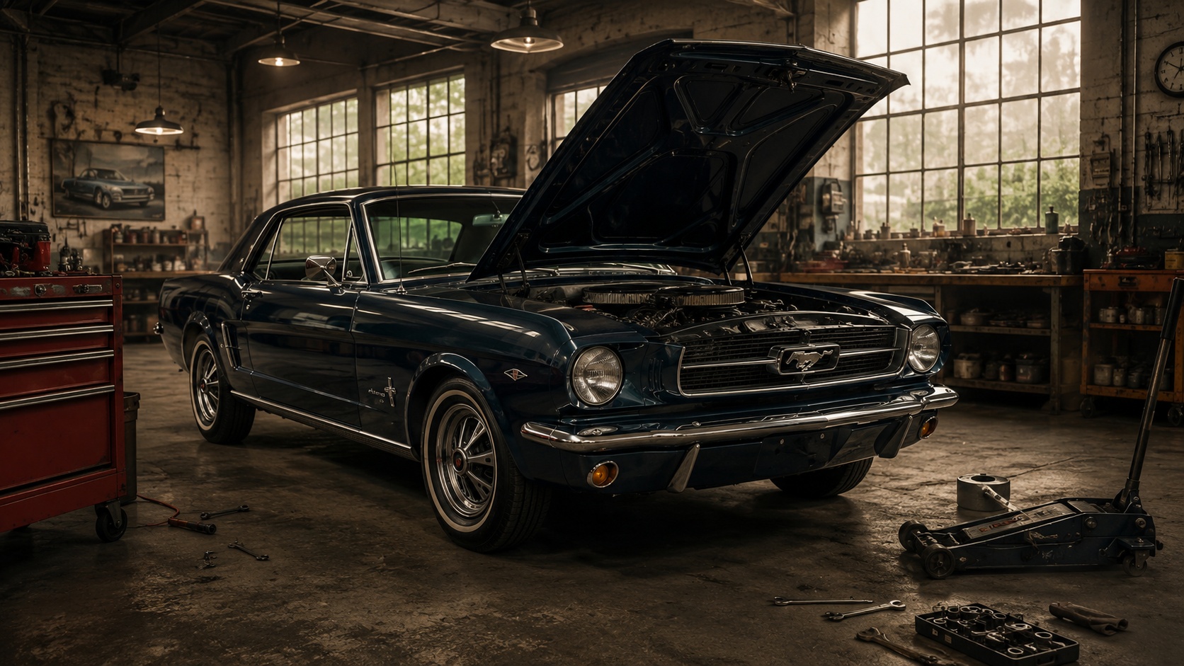 Klassischer Mustang in Werkstatt mit geöffneter Motorhaube